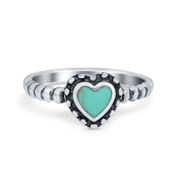 Heart Promise Ring Oxidized Round Simulated Turquoise CZ 925 Sterling Silver